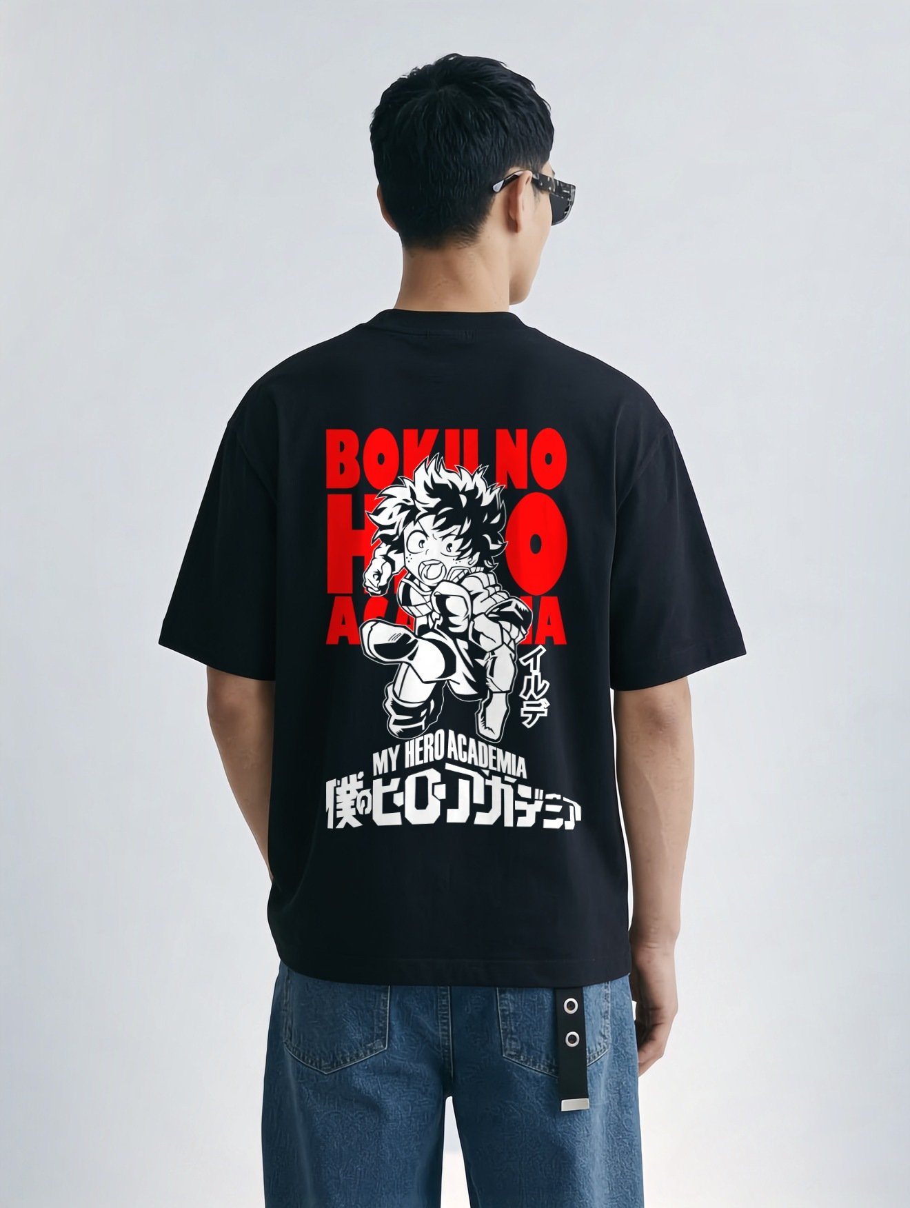 Model wearing the black Boku No Hero Academia oversized t-shirt, back view