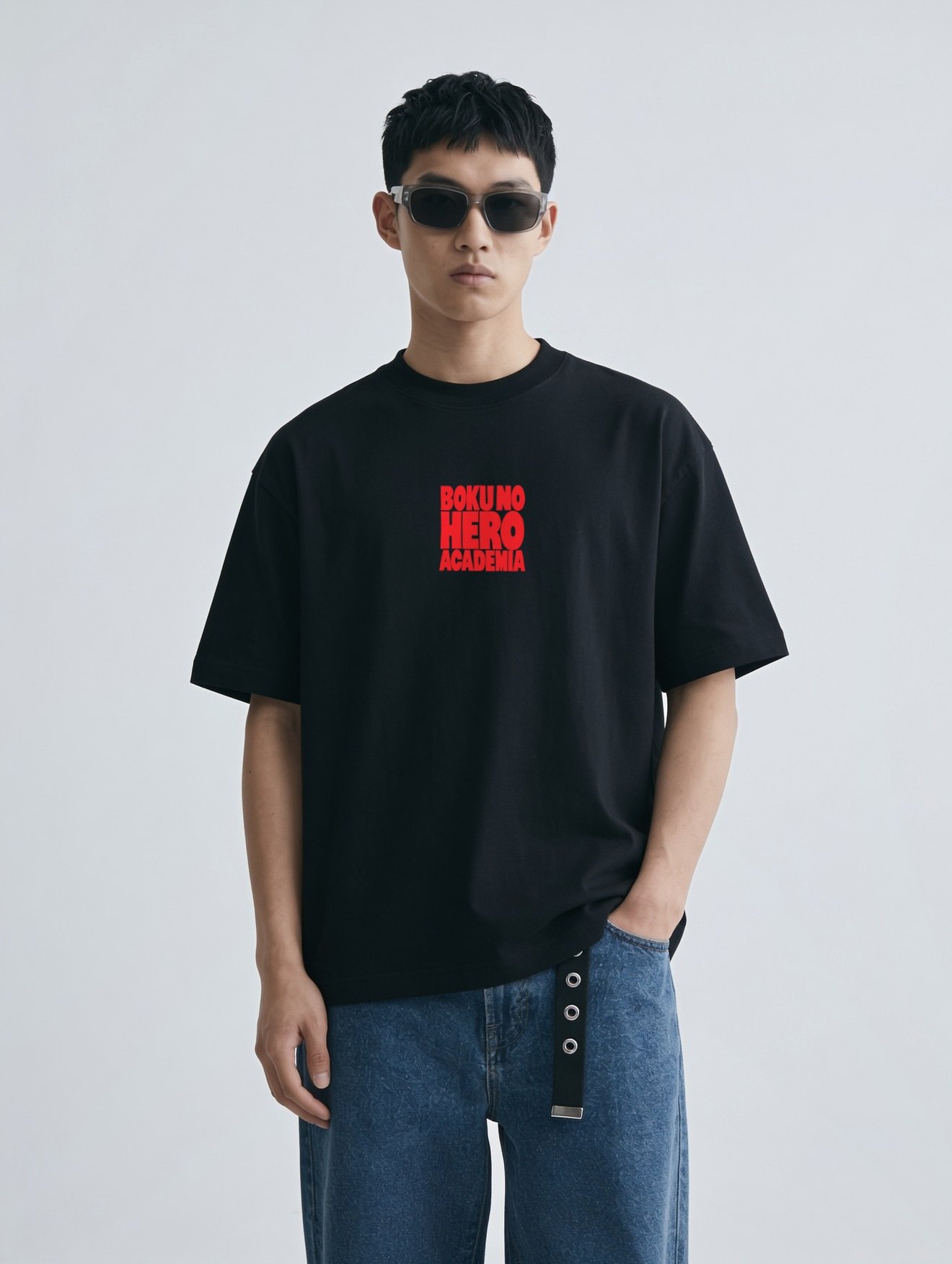 Model wearing the black Boku No Hero Academia oversized t-shirt, front view