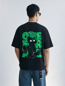 Deku One For All Oversized T-Shirt Black - Model Back Model wearing the black Deku One For All oversized t-shirt, back view
