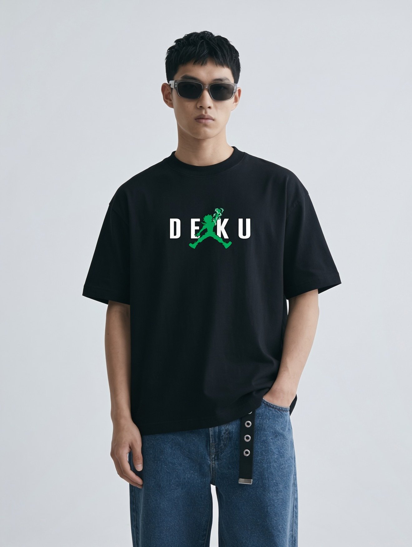 Deku One For All Oversized T-Shirt Black - Model Front Model wearing the black Deku One For All oversized t-shirt, front view