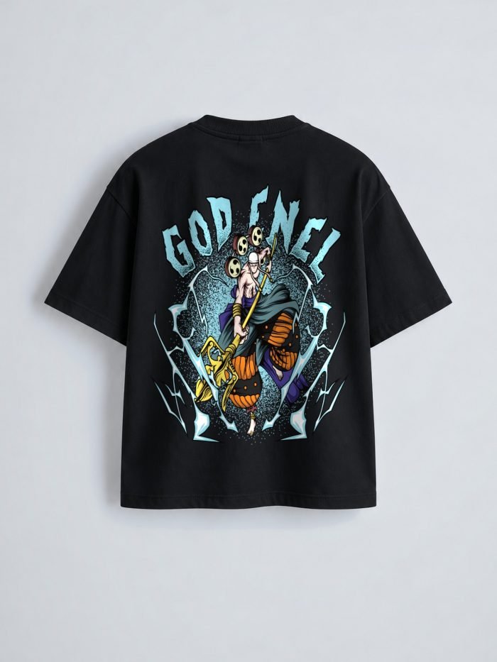 God Enel oversized t-shirt in black, back print