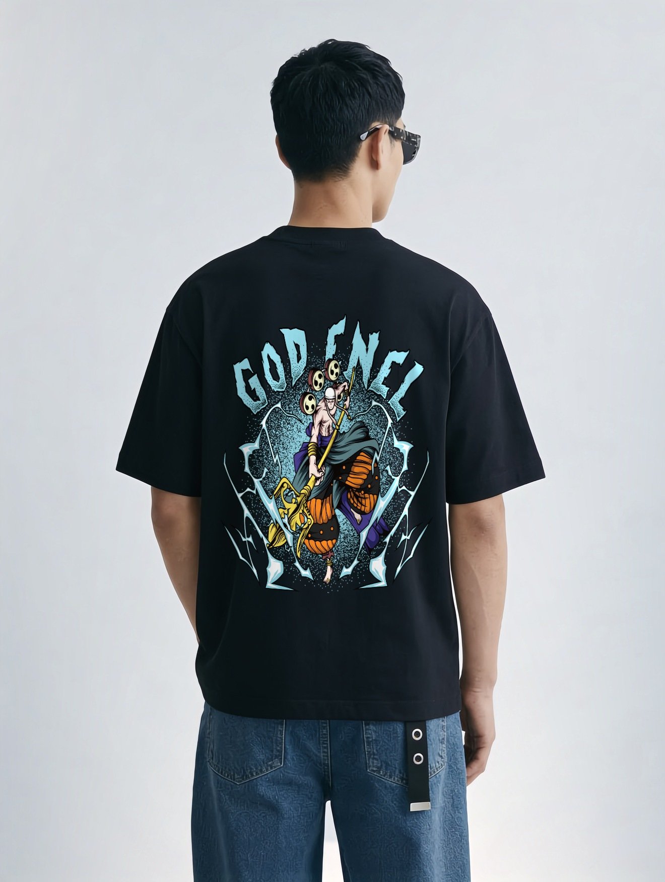 God Enel Oversized T-Shirt Black - Model Back Model wearing the black God Enel oversized t-shirt, back view
