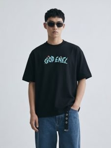 God Enel Oversized T-Shirt Black - Model Front Model wearing the black God Enel oversized t-shirt, front view