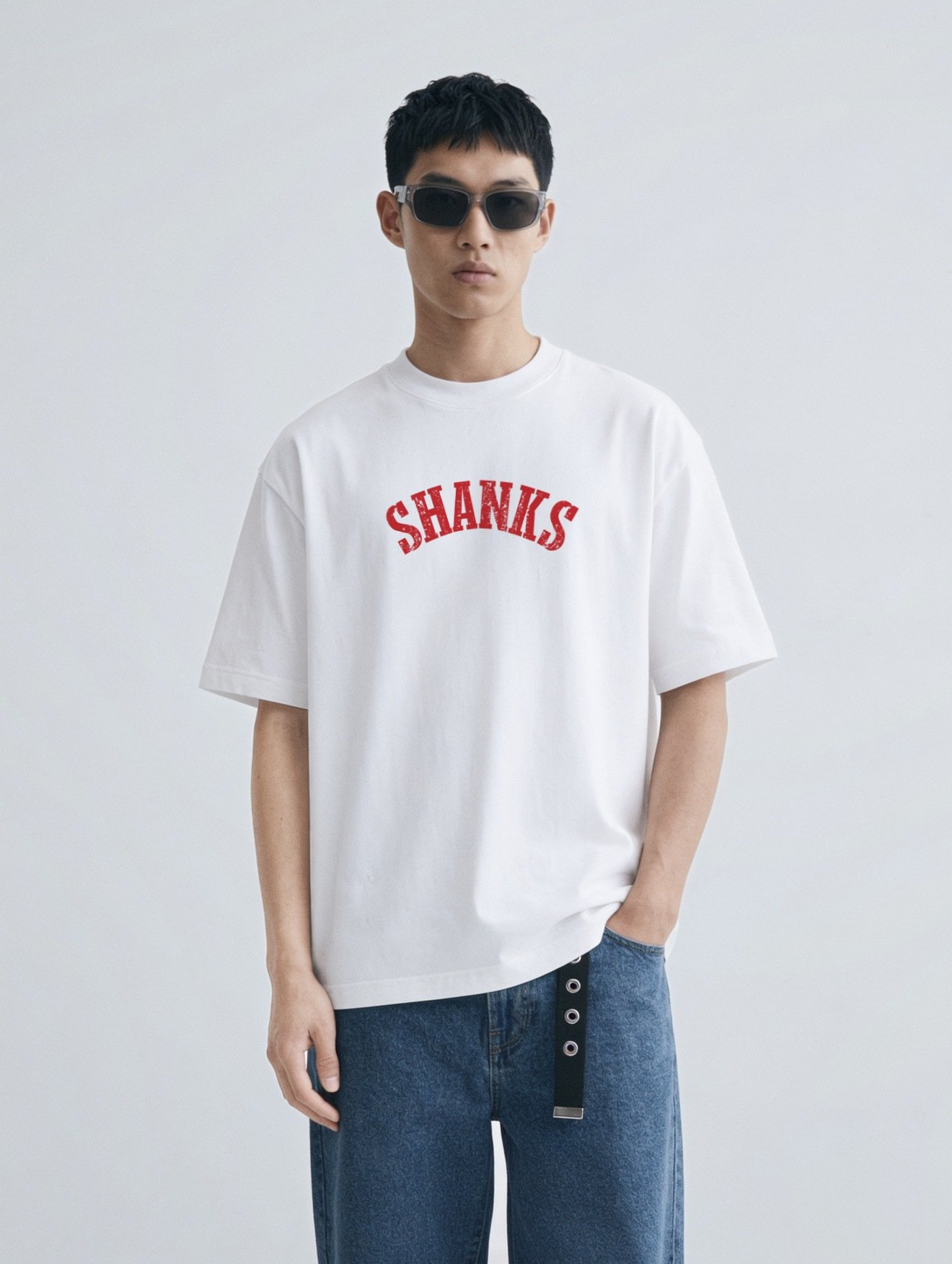 Shanks Oversized T-Shirt White - Model Front Model wearing the white Shanks oversized t-shirt, front view